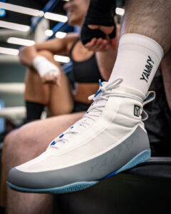 Close-up of boxing shoes worn by an athlete during training